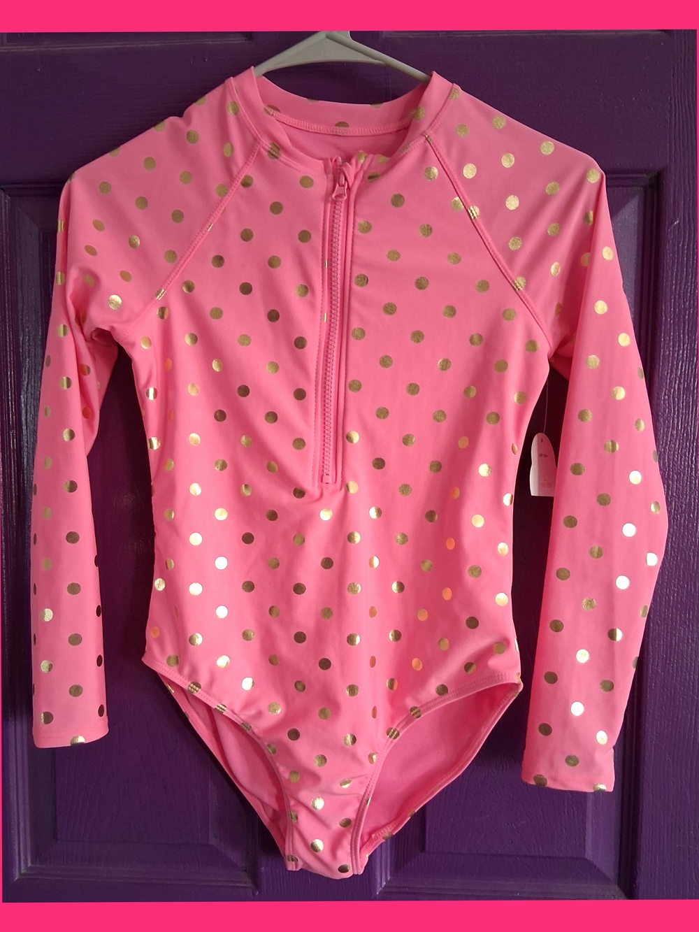 🆕️wonder nation Pink Long-Sleeve Zip Front Rashguard One-Piece with Gold Dots